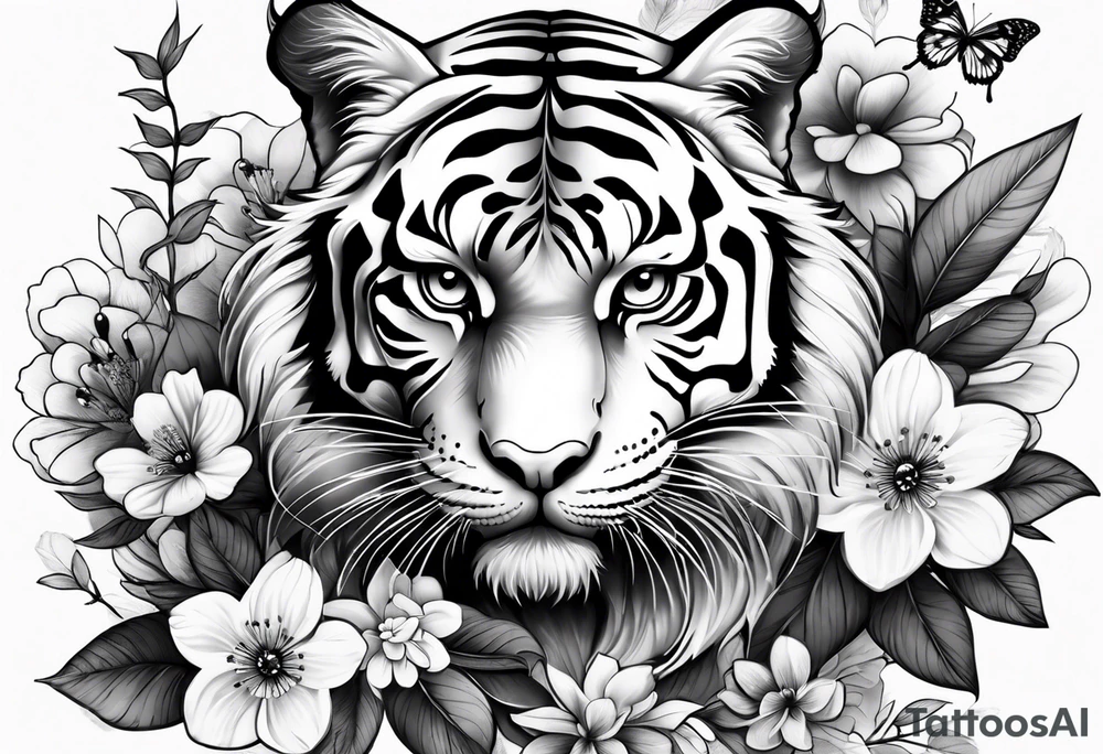 tiger, 3 butterflies, flowers for ladies thigh / hip shaded tattoo idea