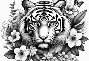 tiger, 3 butterflies, flowers for ladies thigh / hip shaded tattoo idea