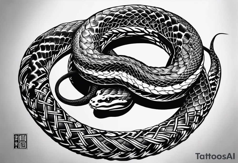 Two headed snake tattoo for placement along the spine in japanese style where the head is positioned at the bottom end of my spine to symbolise a journey of healing and transformation with reference to being a Gemini and twin tattoo idea