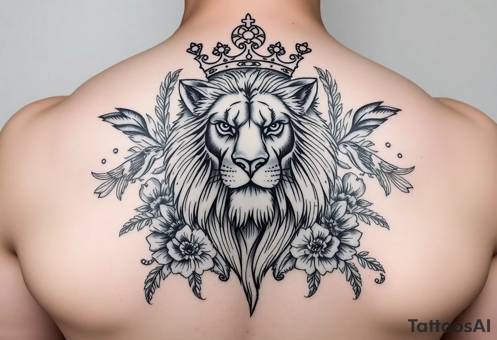 powerful majestic lion with a crown, surrounded by floral ornaments and birds tattoo idea