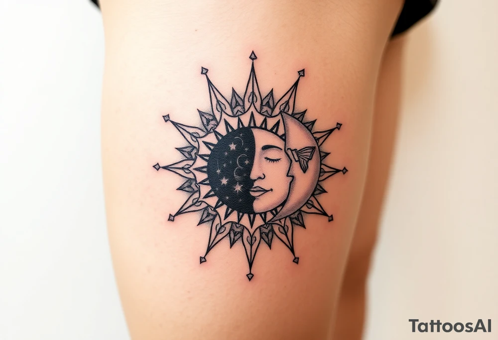 celestial sun and moon embrace with constellation patterns tattoo idea