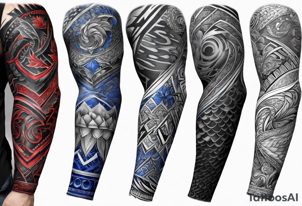 Full Arm sleeve, black, gray, silver, red, royal blue tattoo idea