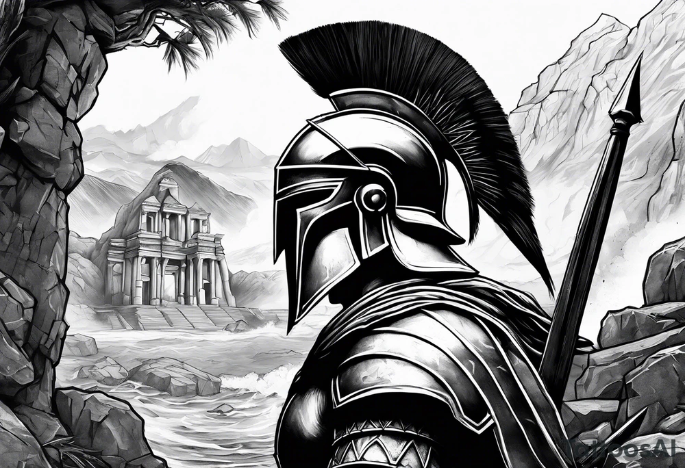 Spartan soldier looking left at burning ruins tattoo idea Spartan soldier looking left at burning ruins tattoo idea