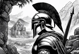 Spartan soldier looking left at burning ruins tattoo idea