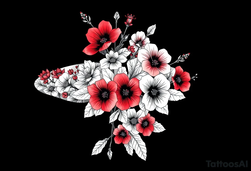 Full sleeve tattoo design of larkspur and hawthorn flowers, highly detailed line art, RED ink, elegant botanical style, intertwined composition, no shading, no human mock-up, clean stencil style suitable for tattooing, fit fully within boundaries. LINE ART ONLY, REMOVE HUMAN, NO SKIN, NO ARM, NO HUMAN BODY PARTS tattoo idea