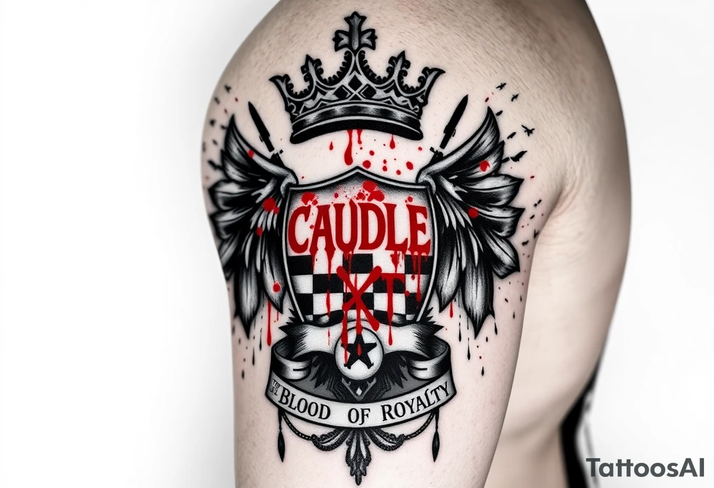 Men Doom Crest  with A Giant King Crown, CAUDLE written inside red, a chessboard, blood splatter on top of two  racing flags & OTF inside, The Words The Blood Of Royalty in red underneath the crest & 🌍 symbol in red outside of the crest, And raining blood drops, Jets/Airplanes/Helicopters/explosives flying above & Guns & Tanks & soldiers & knights plus ships tattoo idea