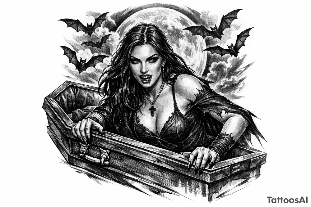 female vampire,bats,full moon,a coffin. tattoo idea