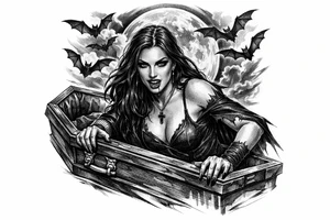 female vampire,bats,full moon,a coffin. tattoo idea