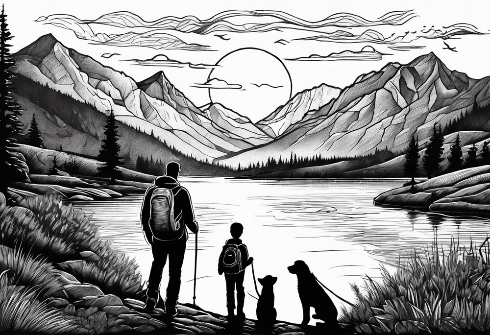 nature, sunset, mountains, a father and son hiking with their dog and cat by the water and a cross in the distance tattoo idea