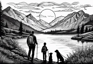 nature, sunset, mountains, a father and son hiking with their dog and cat by the water and a cross in the distance tattoo idea