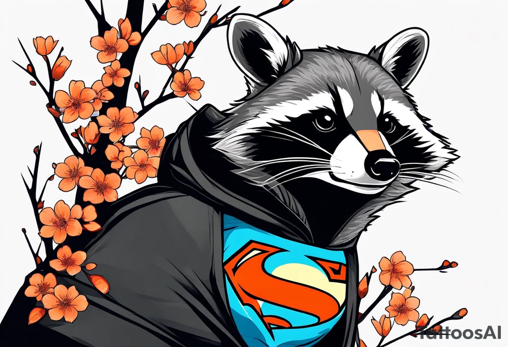Raccoon wearing a white Superman logo on a black hoodie and orange Japanese cherry blossoms tattoo idea