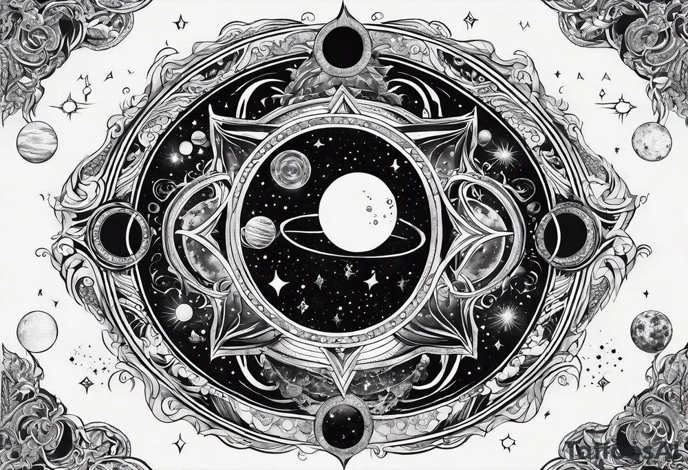 A tattoo featuring a cosmic scene with planets, black holes, and supernovae intertwined with intricate linguistic symbols, reflecting the client's interests in cosmology and linguistics. tattoo idea