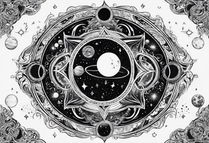 A tattoo featuring a cosmic scene with planets, black holes, and supernovae intertwined with intricate linguistic symbols, reflecting the client's interests in cosmology and linguistics. tattoo idea