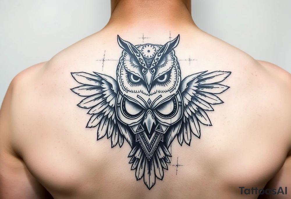 BROKEN GLASS WITH OWL HOLDING A TRADEGY MASK tattoo idea