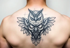 BROKEN GLASS WITH OWL HOLDING A TRADEGY MASK tattoo idea