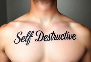 Outline of the words Self Destructive in a thick bold cursive font lettering across the chest tattoo idea