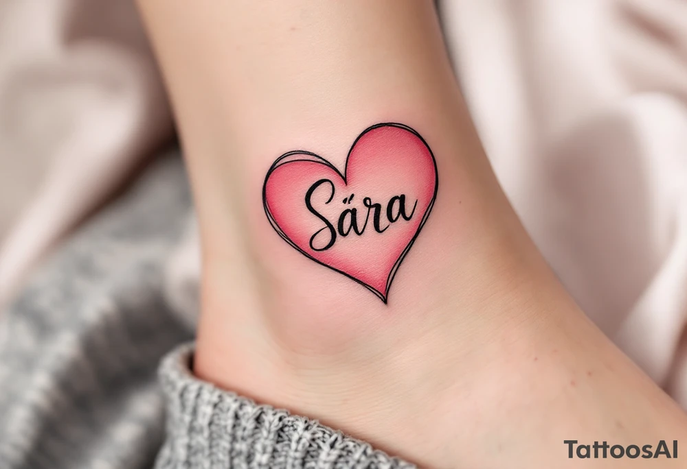 A heart shaded in pinky with Sára in a handwritten-style font inside. tattoo idea
