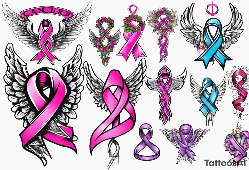 Cancer awareness ribbon being held by angel tattoo idea
