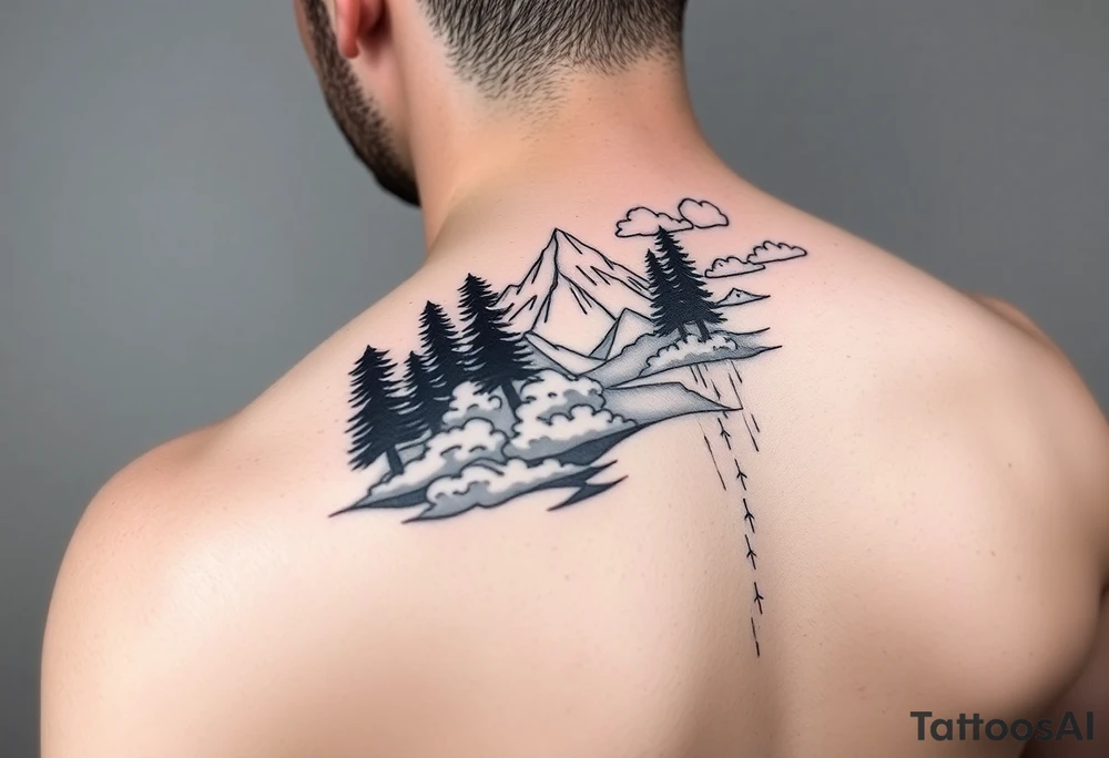 powerful ocean and forrest with rainy clouds with lighting sleeve for arm and stars and clouds tattoo idea