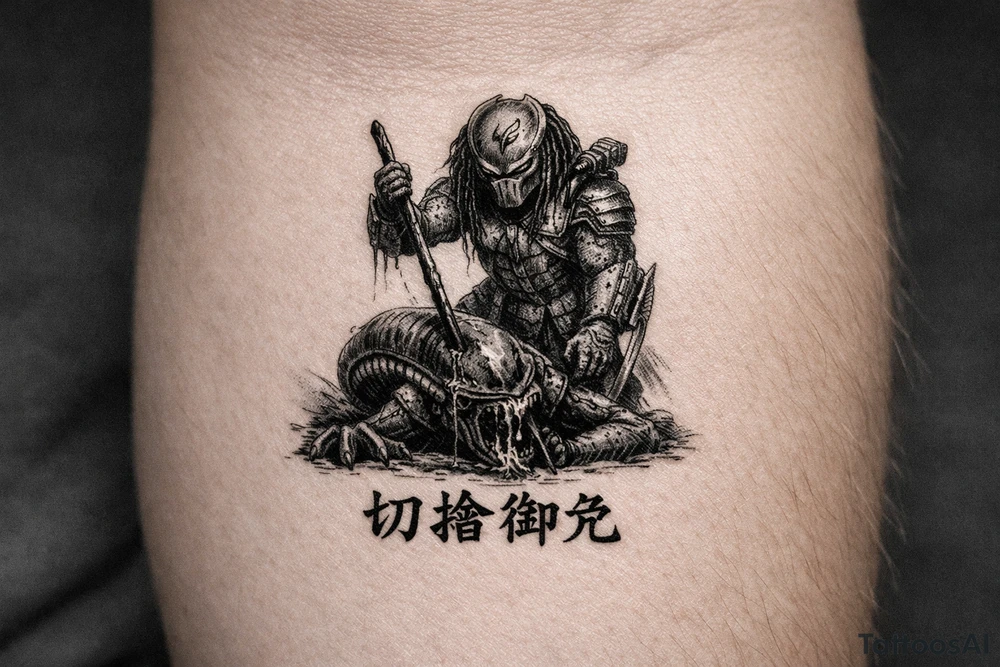 predator killing alien, alien is crawling from the ground. Predator stands up tall, driving his spear with his right hand through the xenomorphs big head with acid coming down, the spear nails the head to the ground. The predator's left shoulder has its laser gun pointed down. the Left forerarm has its famous doubled blade out. Predator's helment has its clan sign (the sign of an experience predator) marked in his helmet as an insignia. Below the image the japanese inscription for kirisute gomen tattoo idea