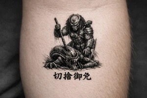predator killing alien, alien is crawling from the ground. Predator stands up tall, driving his spear with his right hand through the xenomorphs big head with acid coming down, the spear nails the head to the ground. The predator's left shoulder has its laser gun pointed down. the Left forerarm has its famous doubled blade out. Predator's helment has its clan sign (the sign of an experience predator) marked in his helmet as an insignia. Below the image the japanese inscription for kirisute gomen tattoo idea