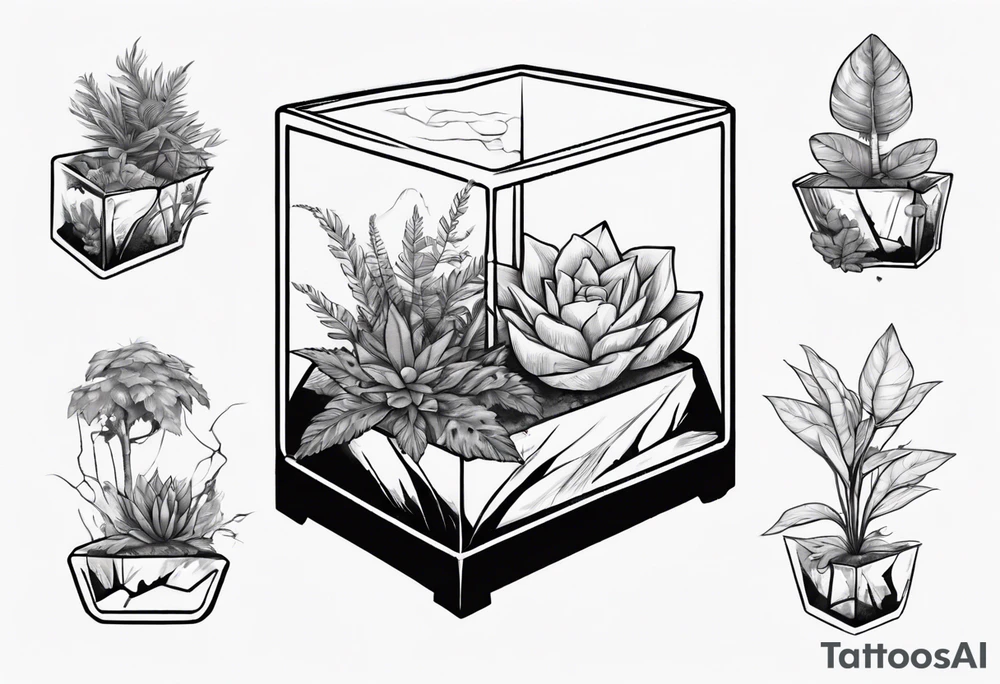 A terrarium in the shape of a cuboid with a single plant inside it. tattoo idea
