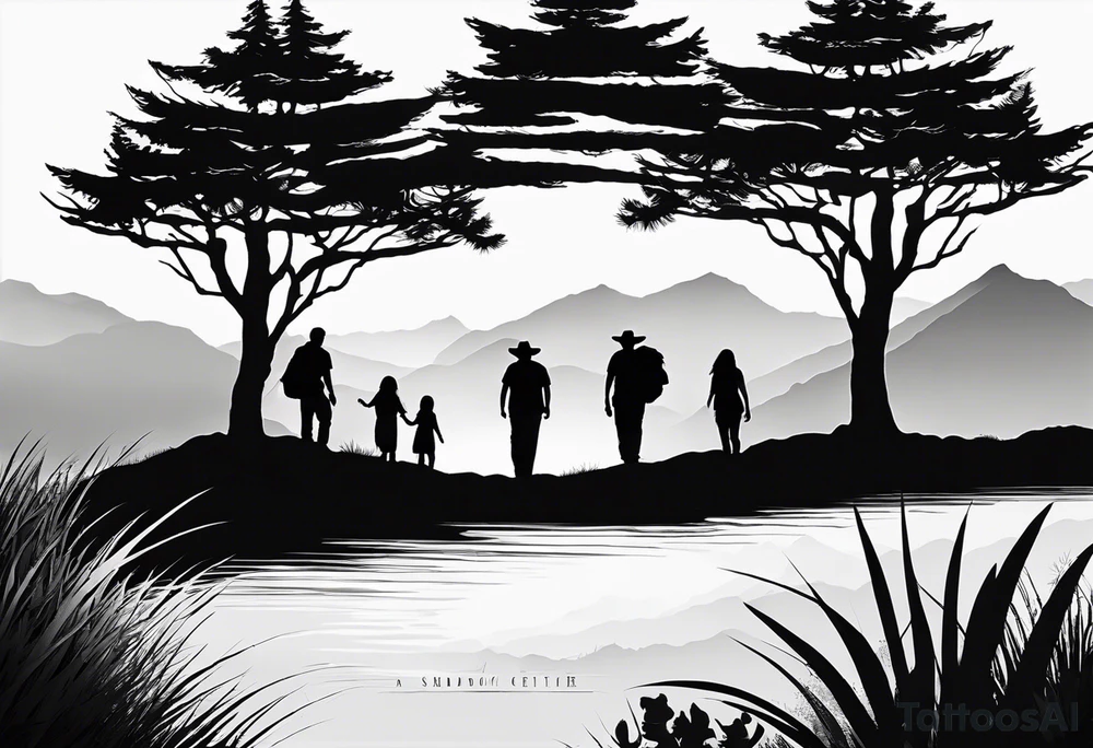 A shadow of a family of four walking through the Pacific northwest landscape. Faith centered and add Mexican culture tattoo idea