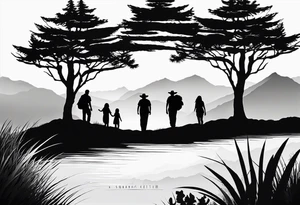 A shadow of a family of four walking through the Pacific northwest landscape. Faith centered and add Mexican culture tattoo idea