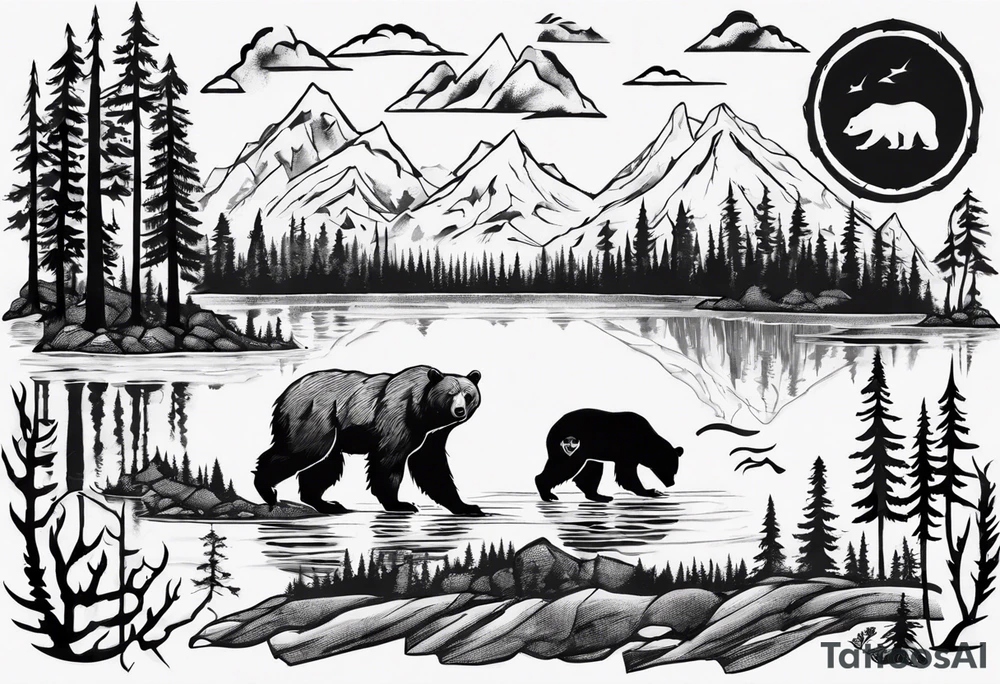 bear, forest, lake, appalachia, arm sleeve tattoo tattoo idea