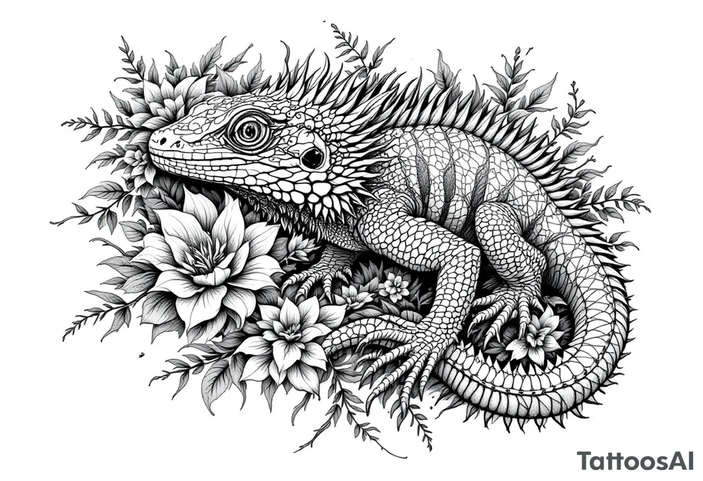 powerful majestic iguan, surrounded by floral ornaments tattoo idea