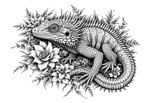 powerful majestic iguan, surrounded by floral ornaments tattoo idea