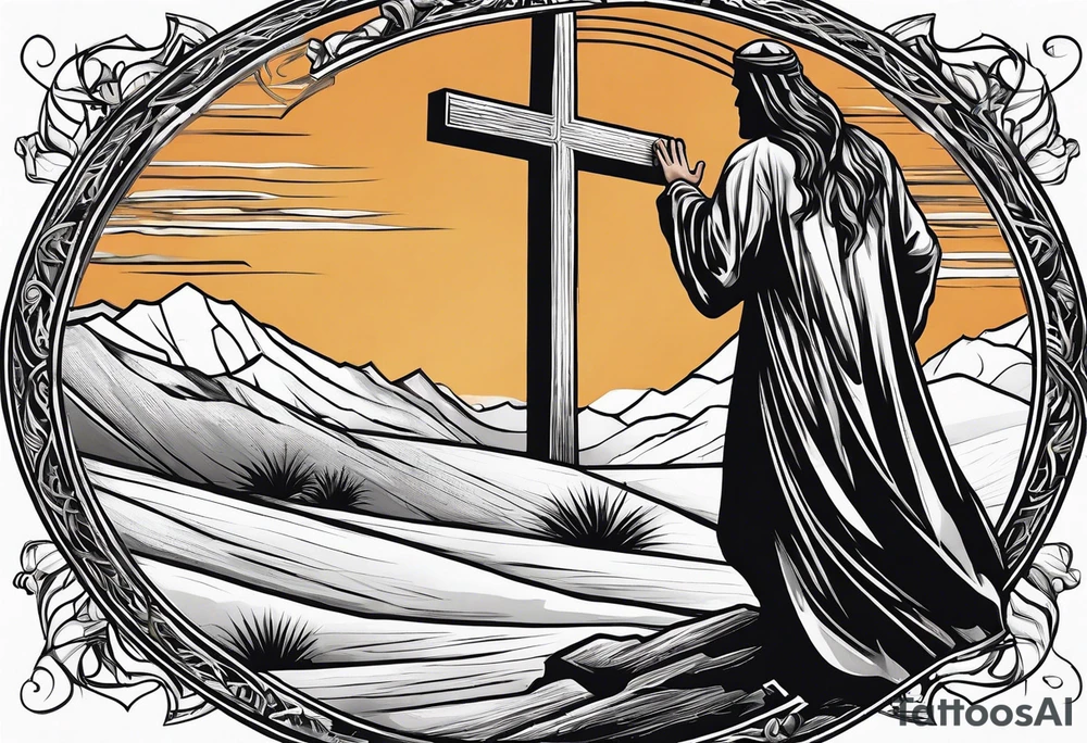man crawling in a desert toward the cross of Christ tattoo idea
