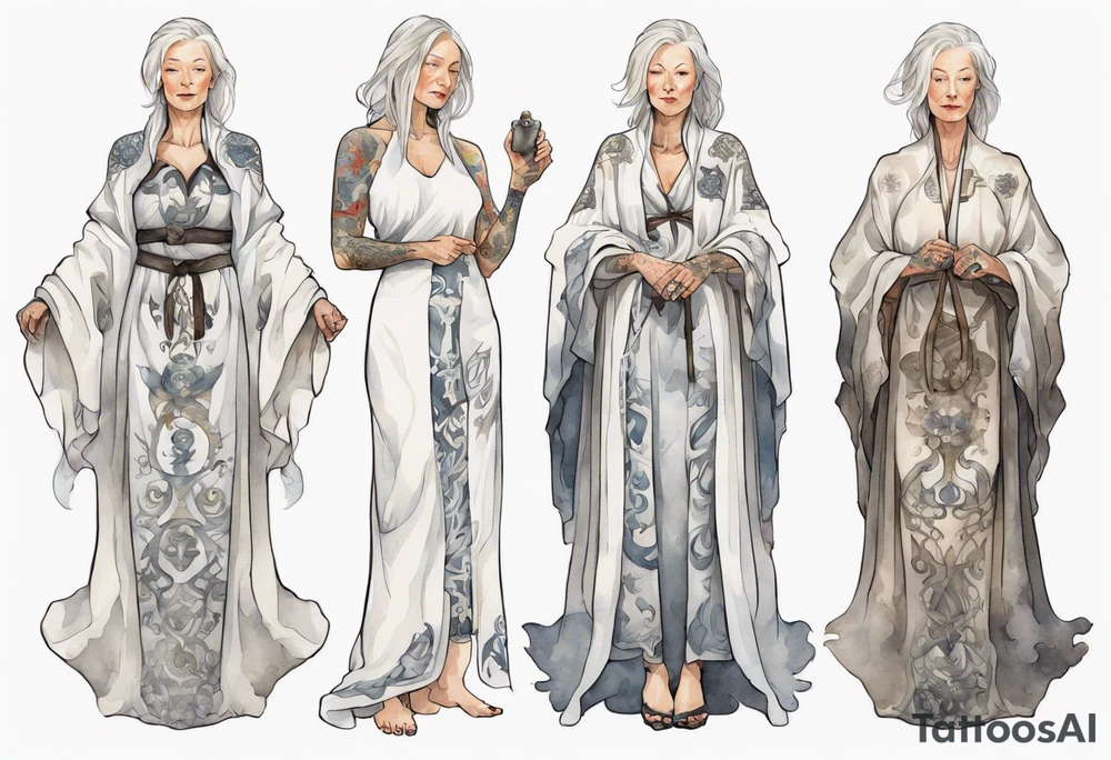 platinum Nordic woman in her 40s wearing white medieval robe tattoo idea