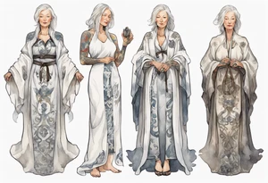 platinum Nordic woman in her 40s wearing white medieval robe tattoo idea