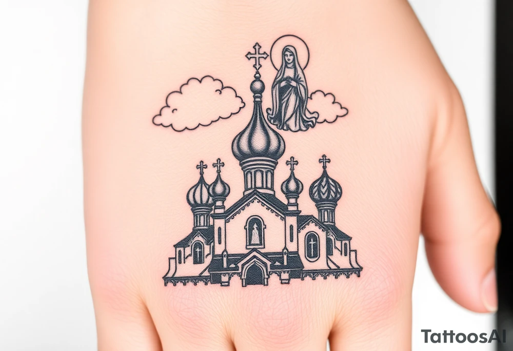 Russian Orthodox church with orthodox spire crosses, with clouds above it and a virgin mary seperately over looking sat above tattoo idea