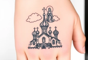 Russian Orthodox church with orthodox spire crosses, with clouds above it and a virgin mary seperately over looking sat above tattoo idea