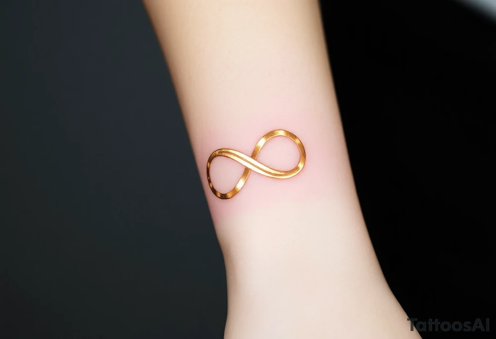 A delicate infinity symbol in shimmering champagne gold, intertwined with wedding rings engraved with the couple’s initials tattoo idea