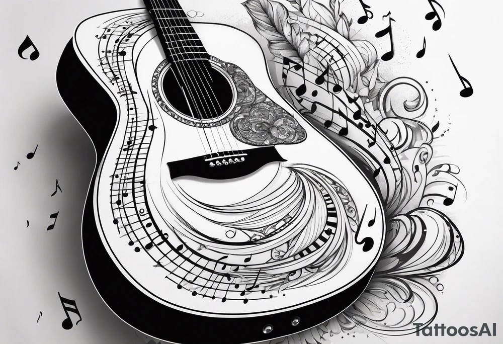 guitar with musical notes wrapped around it tattoo idea