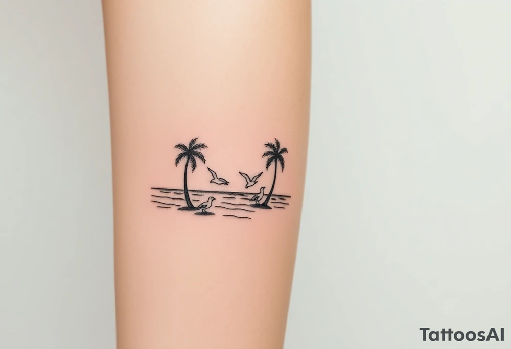 happy, peaceful, serene, timeless, ocean, sand, palm tree, seagulls, sun, subtle, masculine tattoo idea