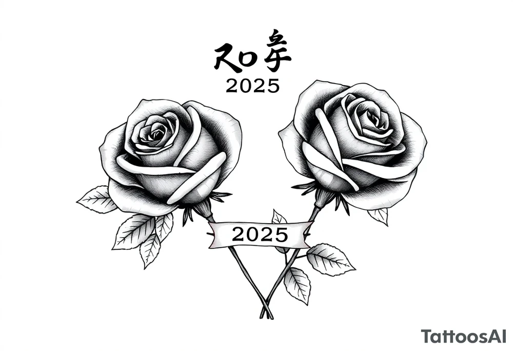 two beautiful rose buds, with leaves and stems, representing two people in love. Include a small banner with "2025" on it.  The word "Rose" written in Kanji above the drawing. tattoo idea