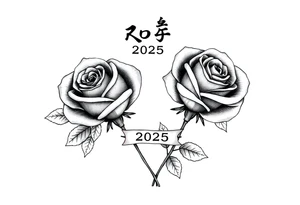 two beautiful rose buds, with leaves and stems, representing two people in love. Include a small banner with "2025" on it.  The word "Rose" written in Kanji above the drawing. tattoo idea