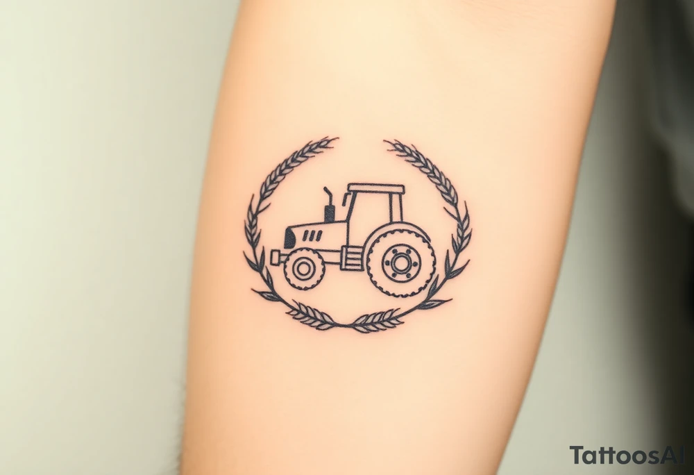 A tractor framed by a circular wreath of wheat and corn stalks, representing abundance and harvest. tattoo idea