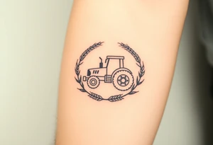 A tractor framed by a circular wreath of wheat and corn stalks, representing abundance and harvest. tattoo idea