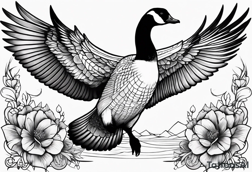 canadian goose spread wings with flowers side tattoo idea