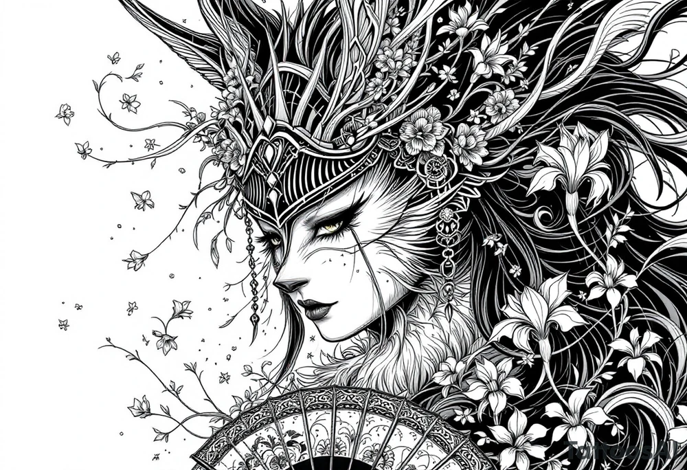 japanese samurai woman wearing a kitsune half-mask and  holding a fan with irises flowers ornement tattoo idea