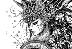 japanese samurai woman wearing a kitsune half-mask and  holding a fan with irises flowers ornement tattoo idea