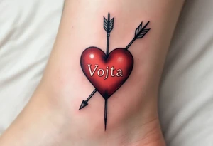 A classic red heart pierced by an arrow, bearing the name Vojta along the curve. tattoo idea