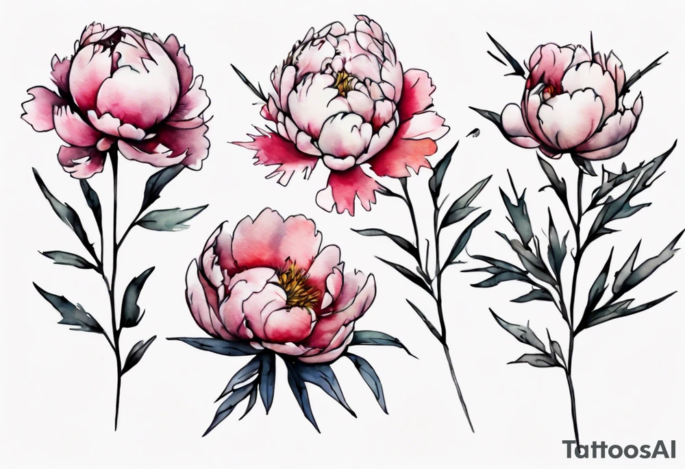a watercolor peonies that is bleeding with thorns, simple, tall, one line tattoo idea
