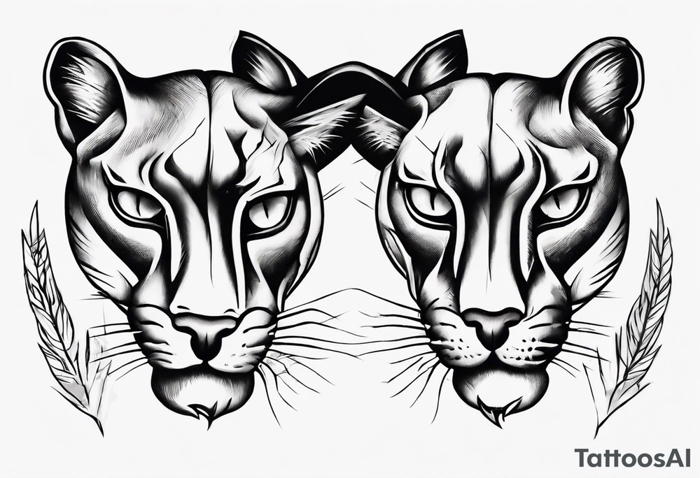 Two black pumas walking past each other and looking at each other tattoo idea