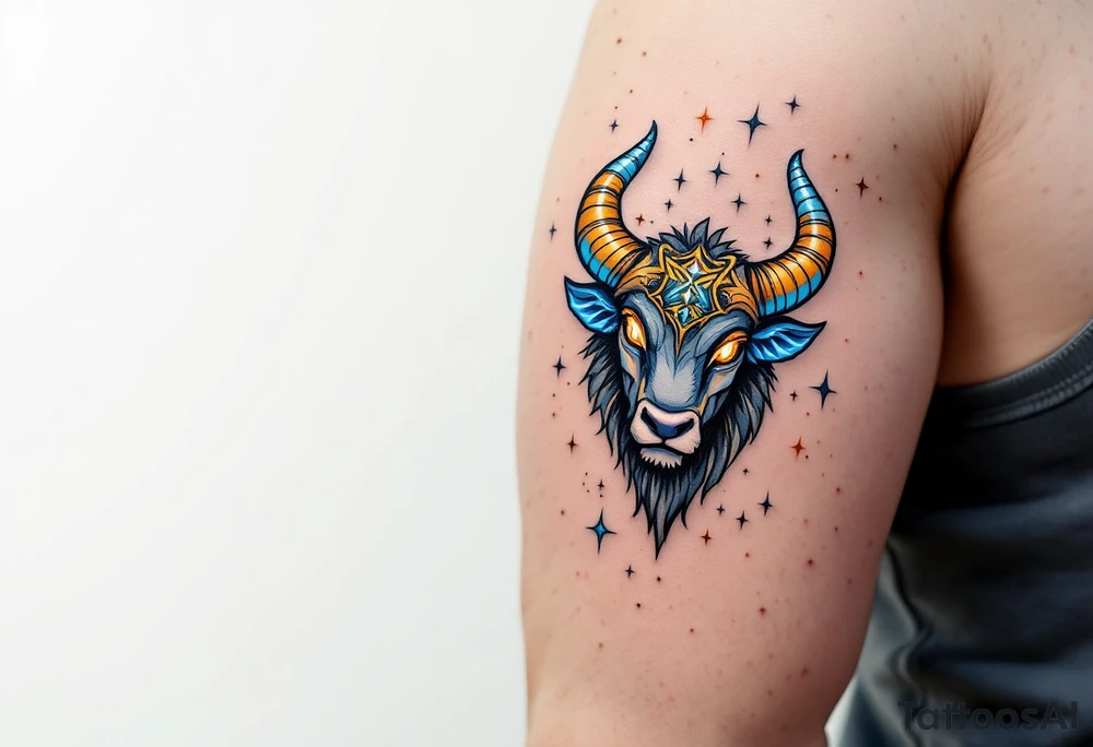 Like a cosmic guardian, Taurus watches with ochre eyes and glowing indigo horns and taurus star constellation anchors the spring sky. tattoo idea